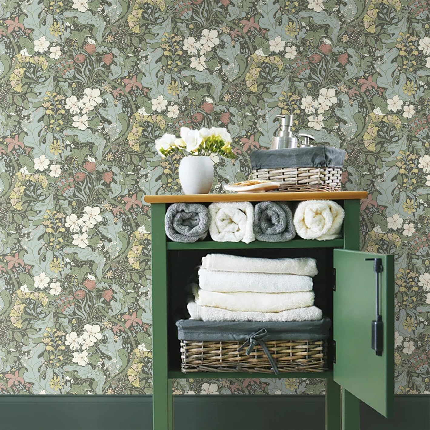 HeloHo Peel and Stick Wallpaper Green Floral Wallpaper for Bedroom Self Adhesive Removable Wallpaper Waterproof Contact Paper for Living Room Bedroom Decor 16.1" X 78.7"