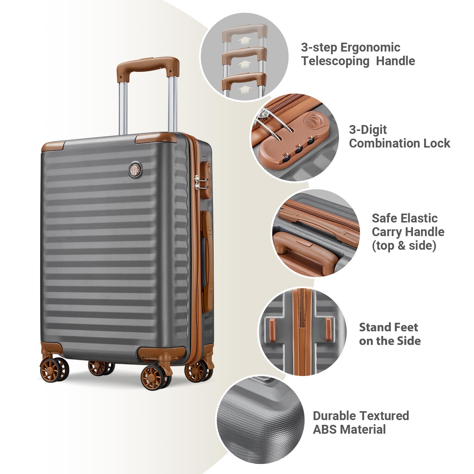 Joyway Carry on Luggage 20 Inch Suitcases with Spinner Wheels, Hard Shell Luggage Sets 3 Piece Travel Suitcase Set with Combination Lock(20-In, Grey Brown)