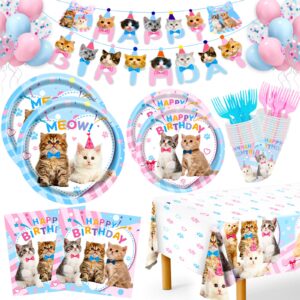 cat birthday decorations, 146pcs cat birthday party supplies-serves 24 cat party disposable tableware with cat party plates cups napkins tablecloth balloons for kitten girls birthday party decorations