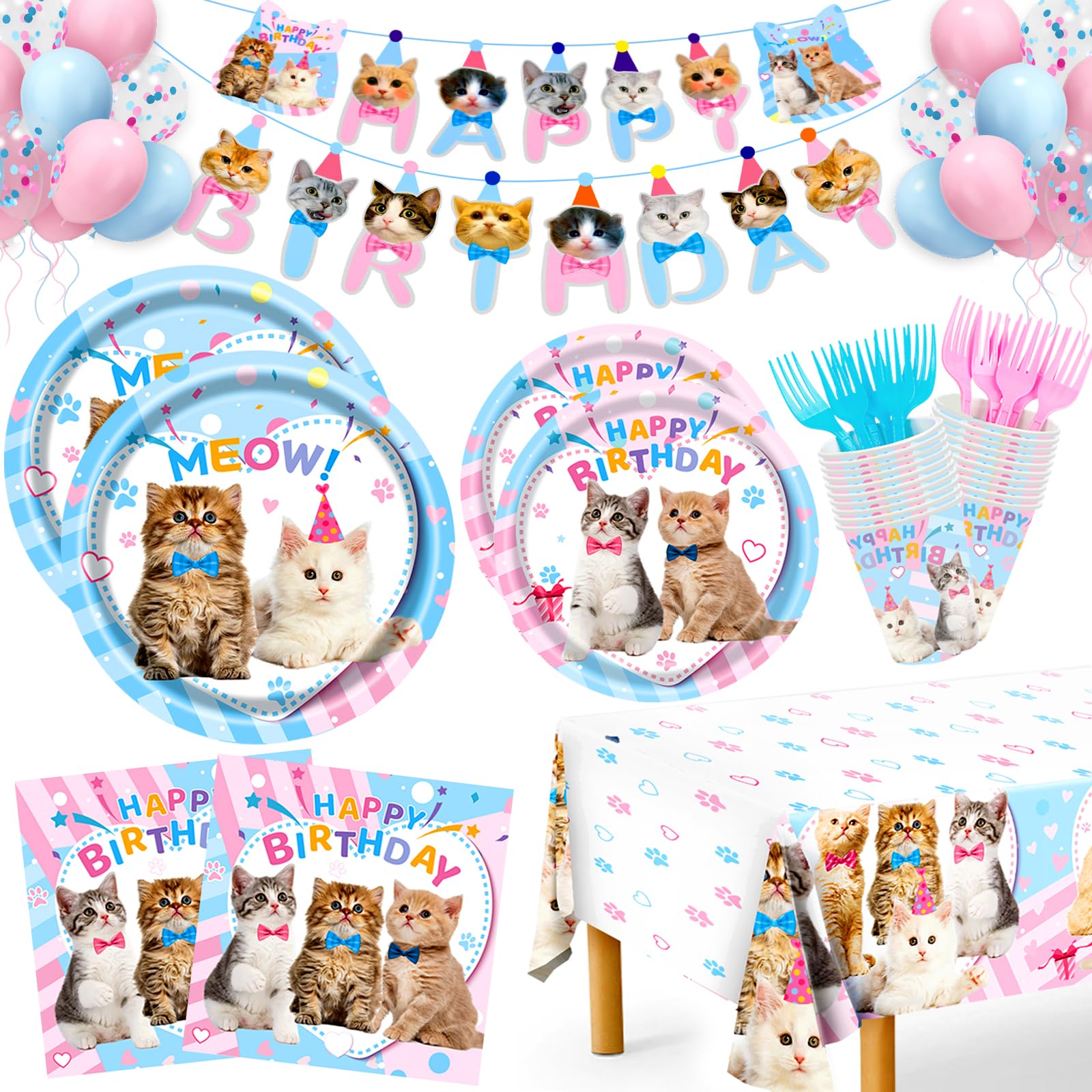 Cat Birthday Decorations, 146Pcs Cat Birthday Party Supplies-Serves 24 Cat Party Disposable Tableware with Cat Party Plates Cups Napkins Tablecloth Balloons for Kitten Girls Birthday Party Decorations