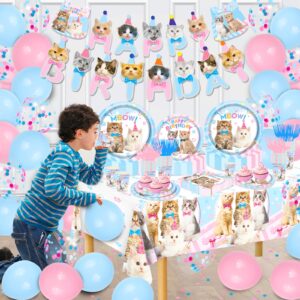 Cat Birthday Decorations, 146Pcs Cat Birthday Party Supplies-Serves 24 Cat Party Disposable Tableware with Cat Party Plates Cups Napkins Tablecloth Balloons for Kitten Girls Birthday Party Decorations