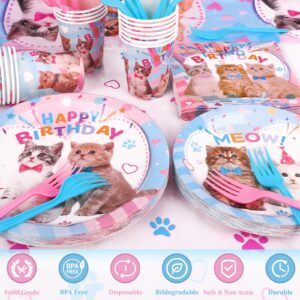 Cat Birthday Decorations, 146Pcs Cat Birthday Party Supplies-Serves 24 Cat Party Disposable Tableware with Cat Party Plates Cups Napkins Tablecloth Balloons for Kitten Girls Birthday Party Decorations