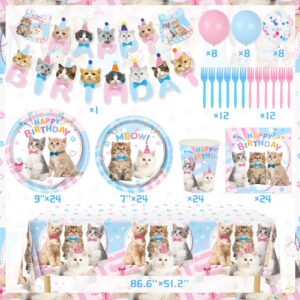 Cat Birthday Decorations, 146Pcs Cat Birthday Party Supplies-Serves 24 Cat Party Disposable Tableware with Cat Party Plates Cups Napkins Tablecloth Balloons for Kitten Girls Birthday Party Decorations