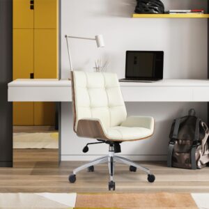 executive office chair, ergonomic computer desk chair with adjustable height and tilt function, solid wood arms and base, 360° swivel leather office chair for office home work, creamy white