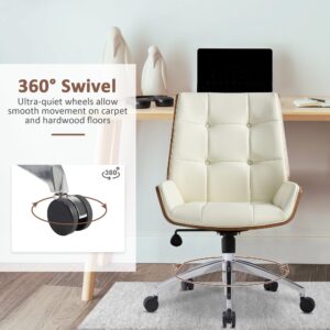 Executive Office Chair, Ergonomic Computer Desk Chair with Adjustable Height and Tilt Function, Solid Wood Arms and Base, 360° Swivel Leather Office Chair for Office Home Work, Creamy White