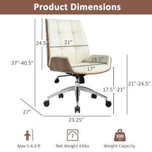 Executive Office Chair, Ergonomic Computer Desk Chair with Adjustable Height and Tilt Function, Solid Wood Arms and Base, 360° Swivel Leather Office Chair for Office Home Work, Creamy White