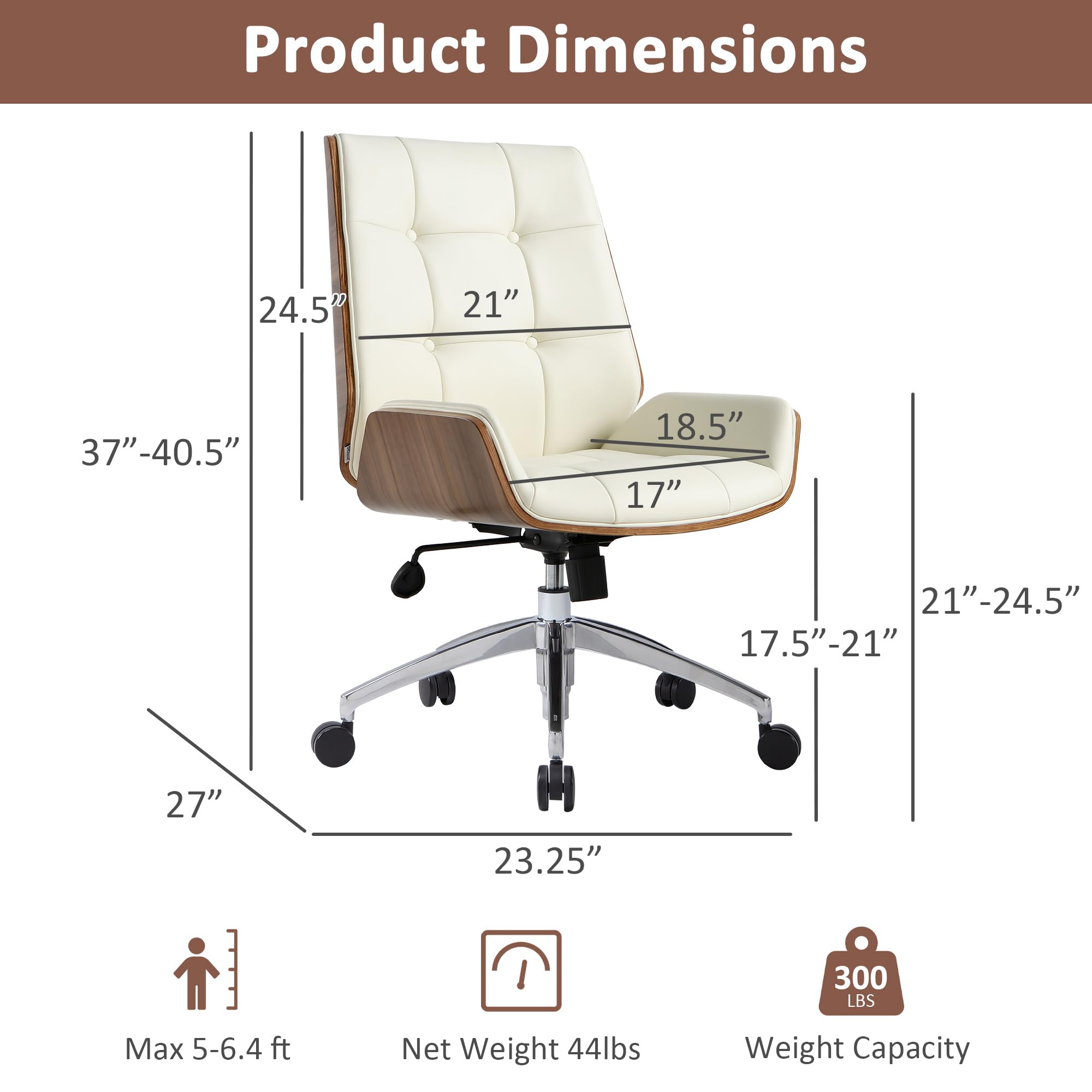 Executive Office Chair, Ergonomic Computer Desk Chair with Adjustable Height and Tilt Function, Solid Wood Arms and Base, 360° Swivel Leather Office Chair for Office Home Work, Creamy White