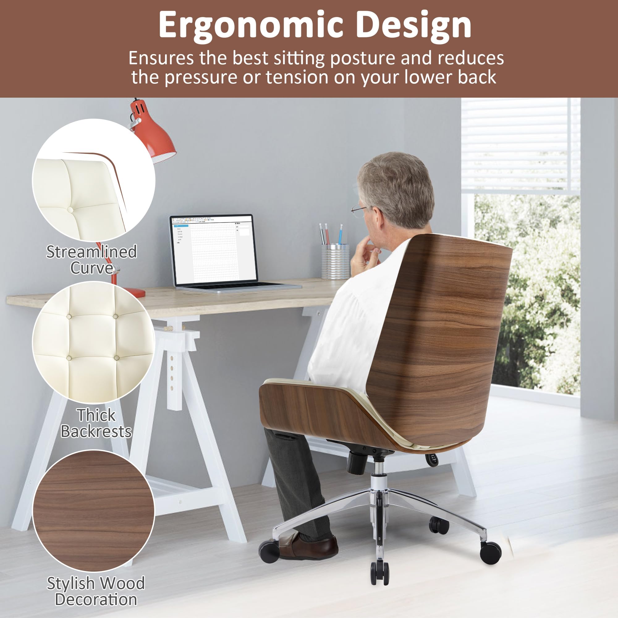 Executive Office Chair, Ergonomic Computer Desk Chair with Adjustable Height and Tilt Function, Solid Wood Arms and Base, 360° Swivel Leather Office Chair for Office Home Work, Creamy White