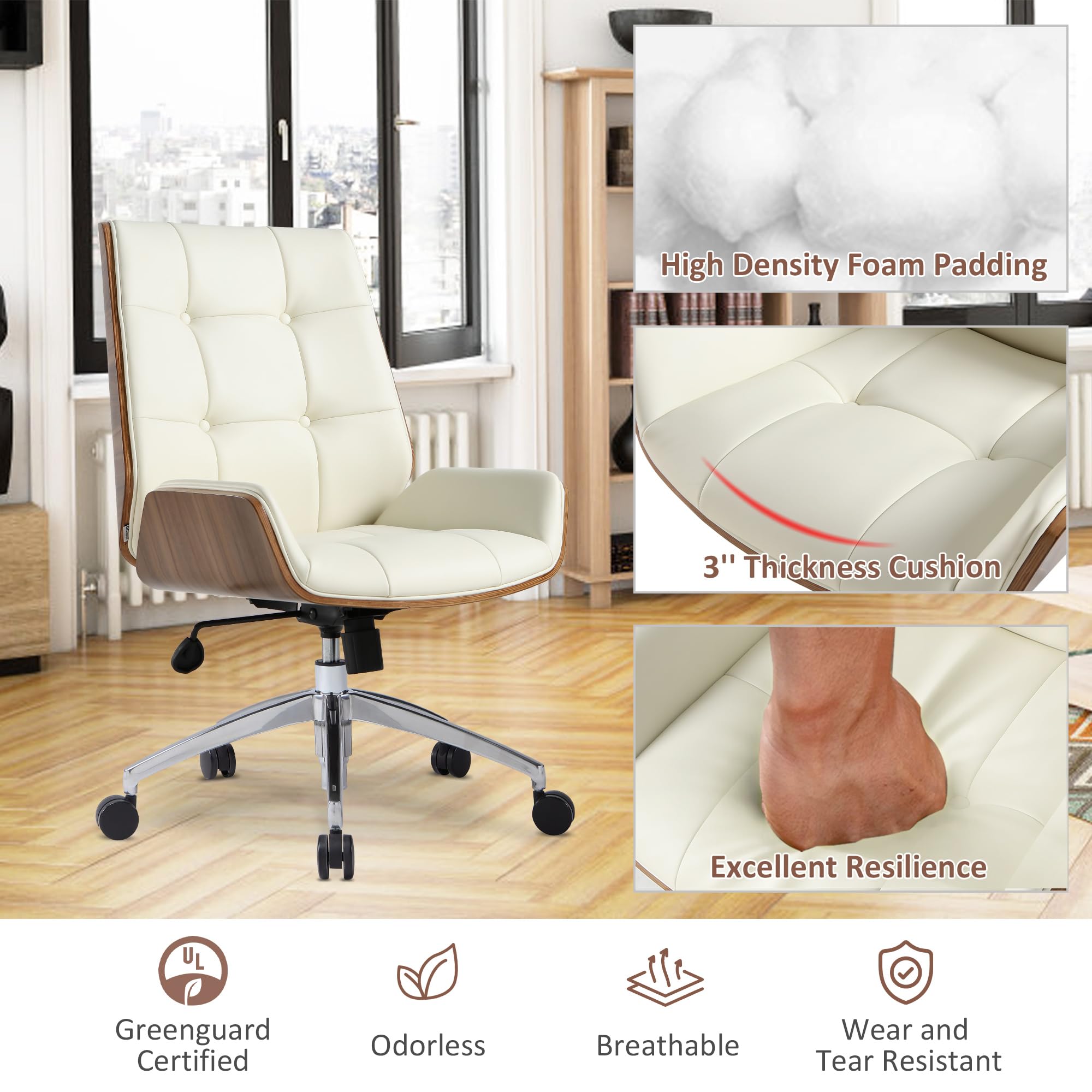 Executive Office Chair, Ergonomic Computer Desk Chair with Adjustable Height and Tilt Function, Solid Wood Arms and Base, 360° Swivel Leather Office Chair for Office Home Work, Creamy White