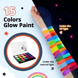 Skymore Glow in The Dark UV Body Paint 15pcs Face Paints for Kids & UV Neon Glow Face Painting Kits with 2 Brushes&Stencils for Halloween and Parties, Washable, Hypoallergenic