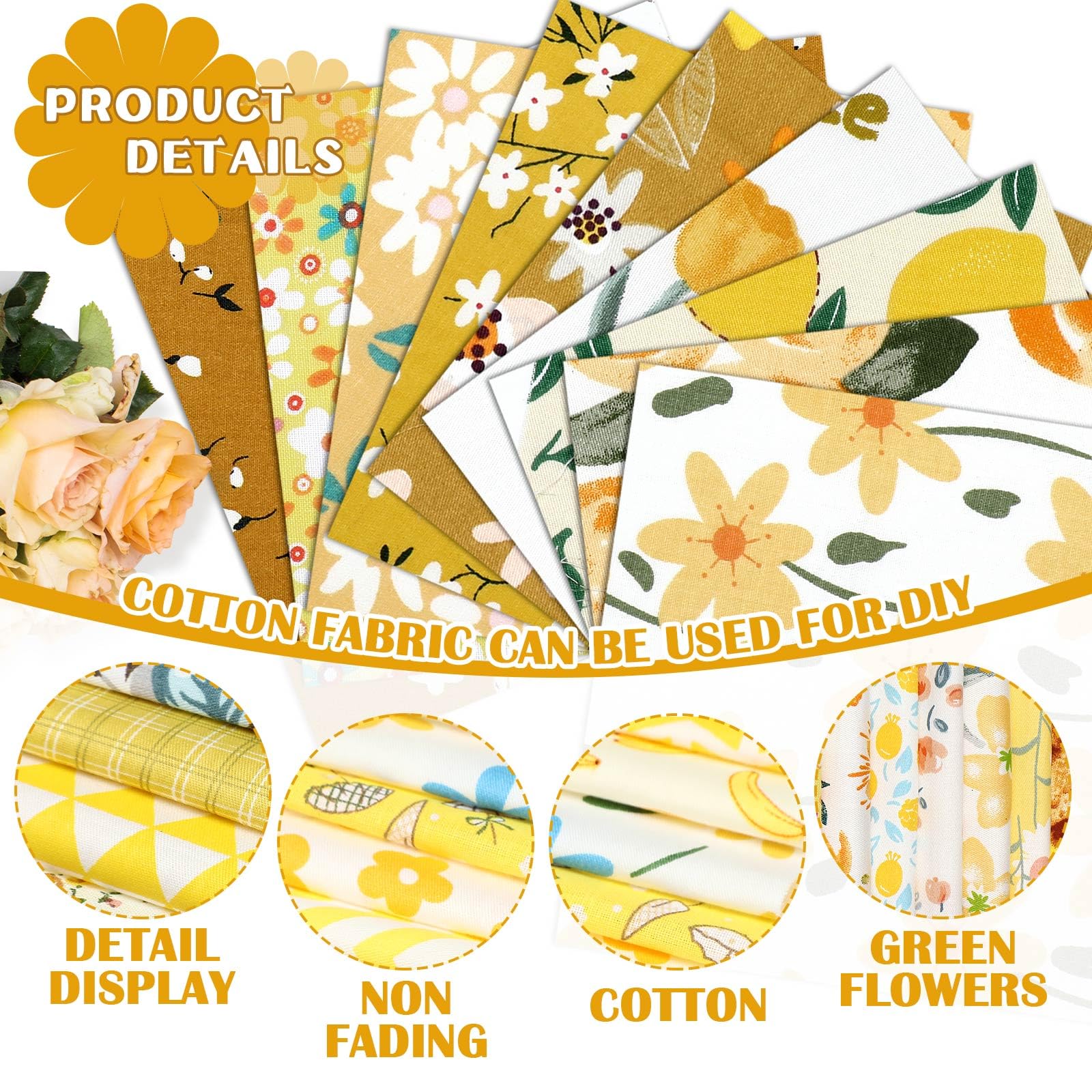 Ganeen 500 Pcs Cotton Fabric Squares 5 "x 5" Quilt Precut Fabric Printed Fabric Bundles Sheets Charm Packs for Quilting for DIY Sewing Scrapbooking Patchworks Crafts (Yellow Floral)