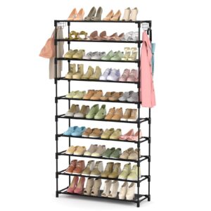 lanteful 10 tiers shoe rack 50 pairs large capacity tall shoe organizer sturdy shoe storage with two hooks space saving metal wide shoe rack for closet, entryway, bedroom, black