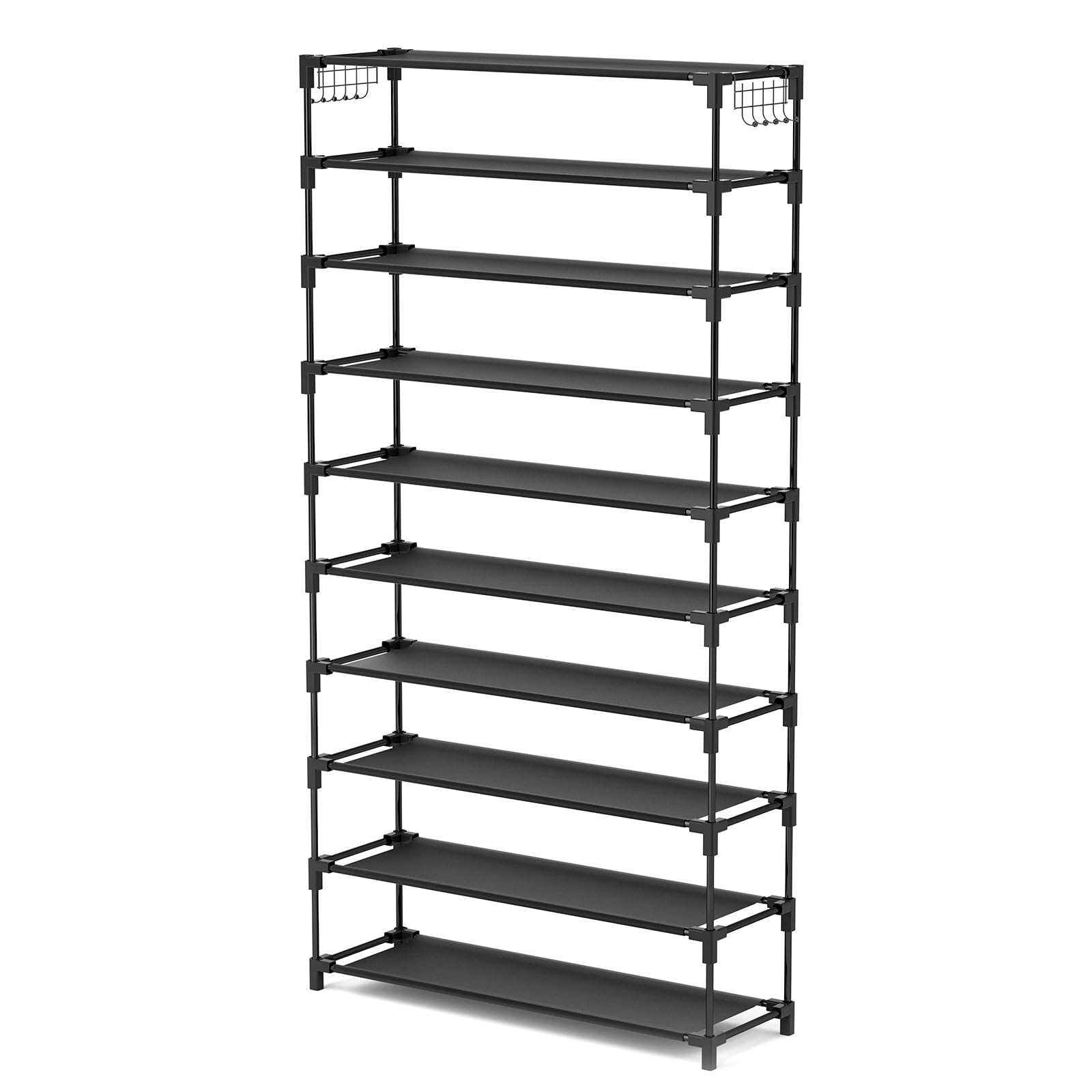 LANTEFUL 10 Tiers Shoe Rack 50 Pairs Large Capacity Tall Shoe Organizer Sturdy Shoe Storage with Two Hooks Space Saving Metal Wide Shoe Rack for Closet, Entryway, Bedroom, Black