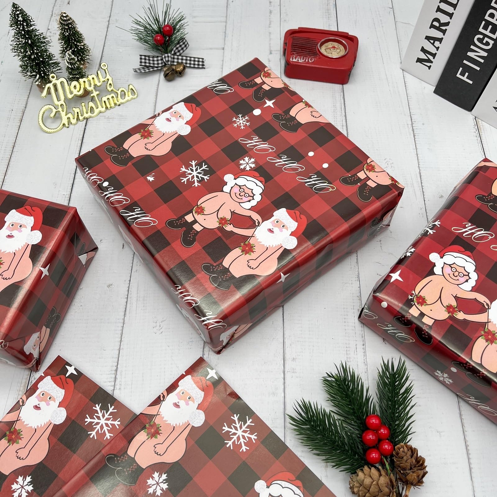 Dtiafu Funny Christmas Wrapping Paper Naughty Santa Gift Wrap Paper Bulk Folded Flat Inappropriate Red Black Plaid Gift Wrapping Paper for Women Men Adult Grandba Grandma Holiday Birthday Baby Shower