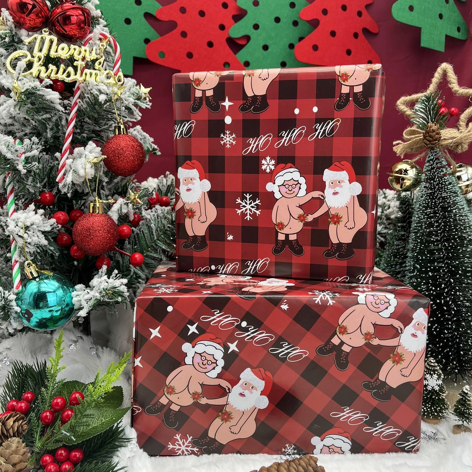 Dtiafu Funny Christmas Wrapping Paper Naughty Santa Gift Wrap Paper Bulk Folded Flat Inappropriate Red Black Plaid Gift Wrapping Paper for Women Men Adult Grandba Grandma Holiday Birthday Baby Shower