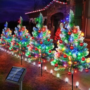 Windpnn Upgraded 4-Packs Solar Christmas Tree Pathway Lights Outdoor Christmas Decorations Waterproof, 8 Modes Solar Christmas Garden Stake Lights for Christmas Decorations Yard, Lawn, Pathway, Grave