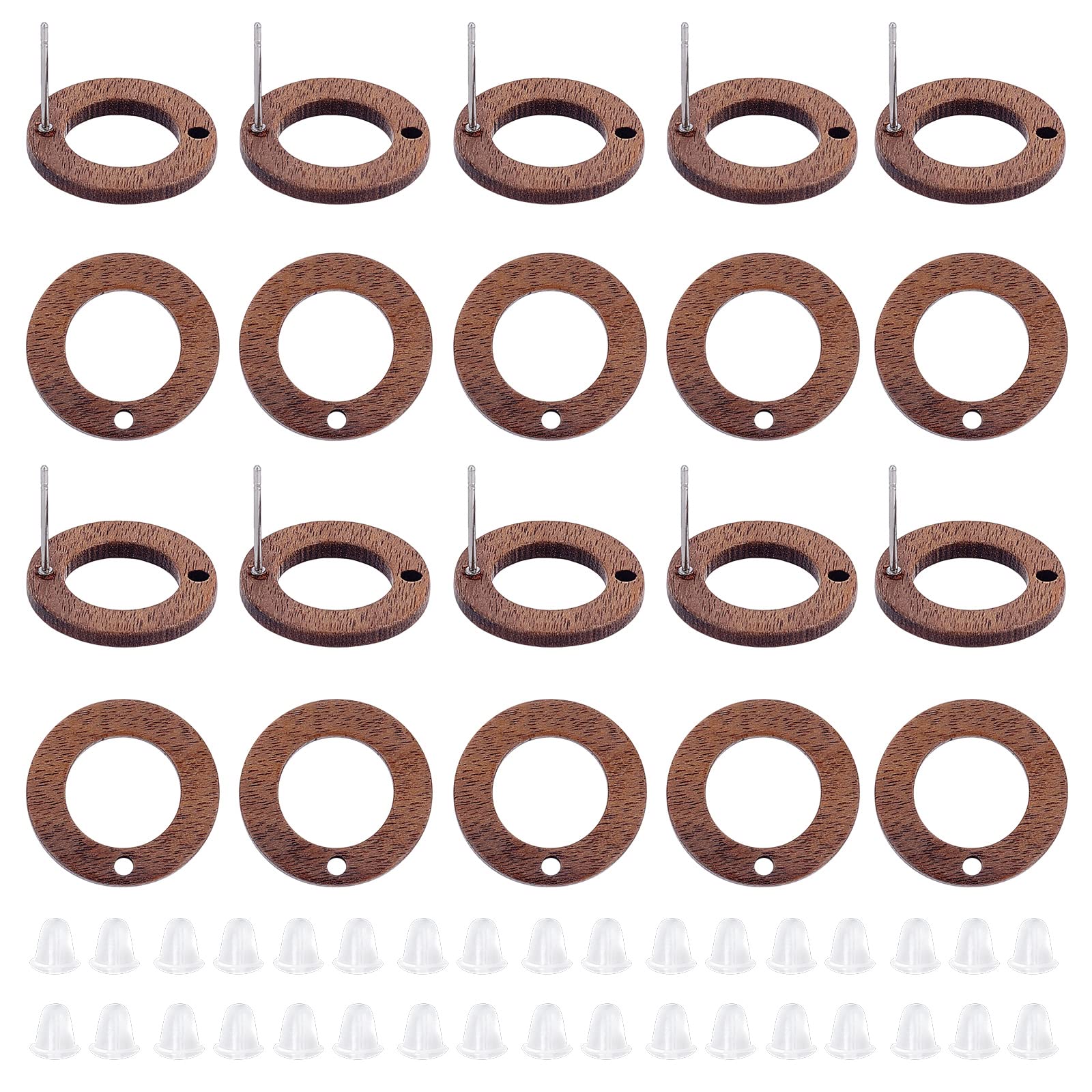 UNICRAFTALE 20pcs Tan Ring Walnut Wood Stud Earrings with 30pcs Plastic Ear Nuts Stud Earring Findings with Stainless Steel Pin Ear Studs with Hole for DIY Earring Jewellery Making