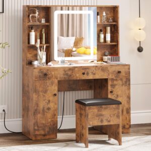 ironck vanity desk set with large led lighted mirror & power outlet, 7 drawers vanities dressing makeup table with storage bench, for bedroom, industrial style vintage brown