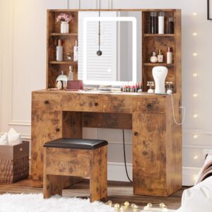 IRONCK Vanity Desk Set with Large LED Lighted Mirror & Power Outlet, 7 Drawers Vanities Dressing Makeup Table with Storage Bench, for Bedroom, Industrial Style Vintage Brown