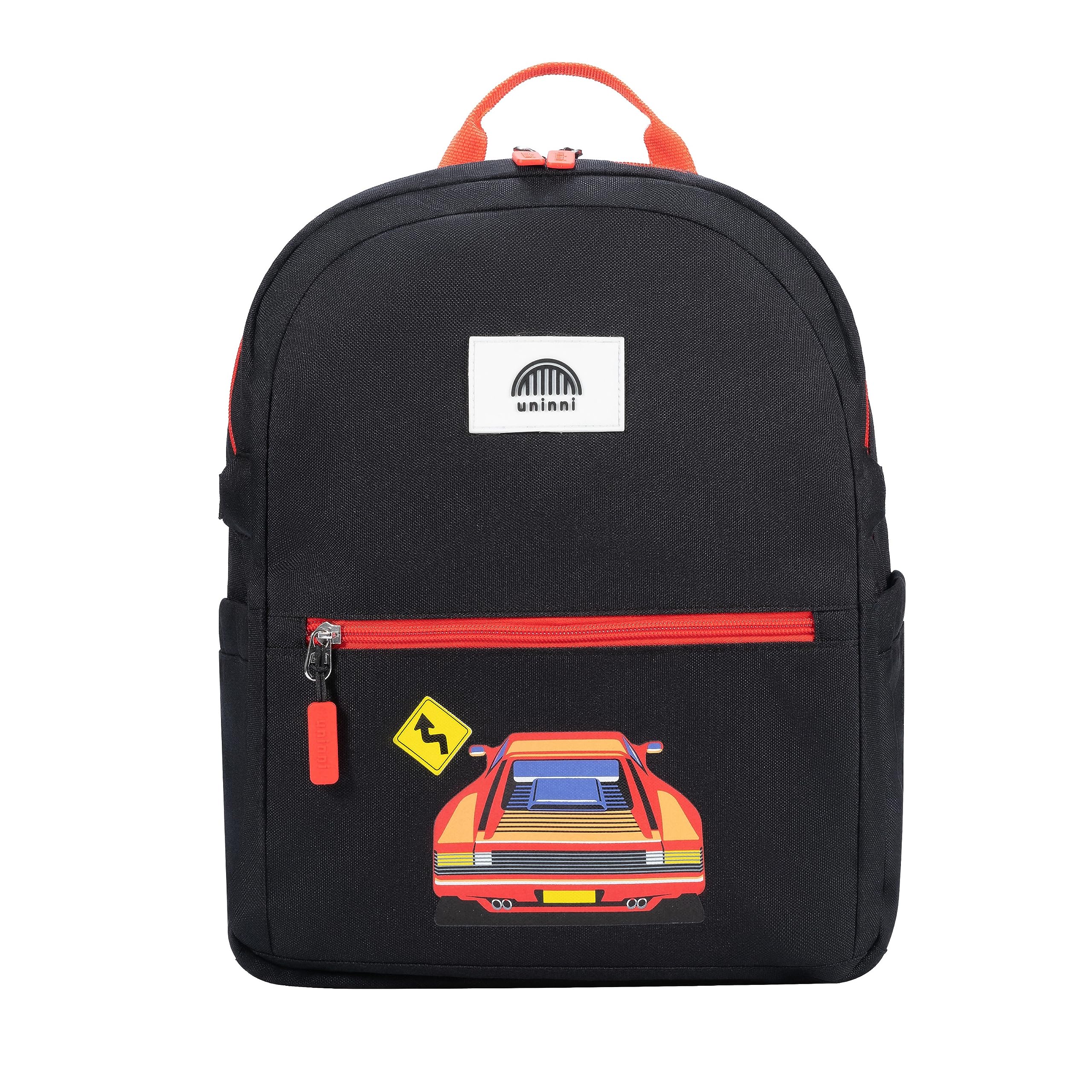 uninni 14" Kids Backpack for Girls and Boys Age 5-8 Years Old with Padded, and Adjustable Shoulder Straps - Race Car (Black/Red)