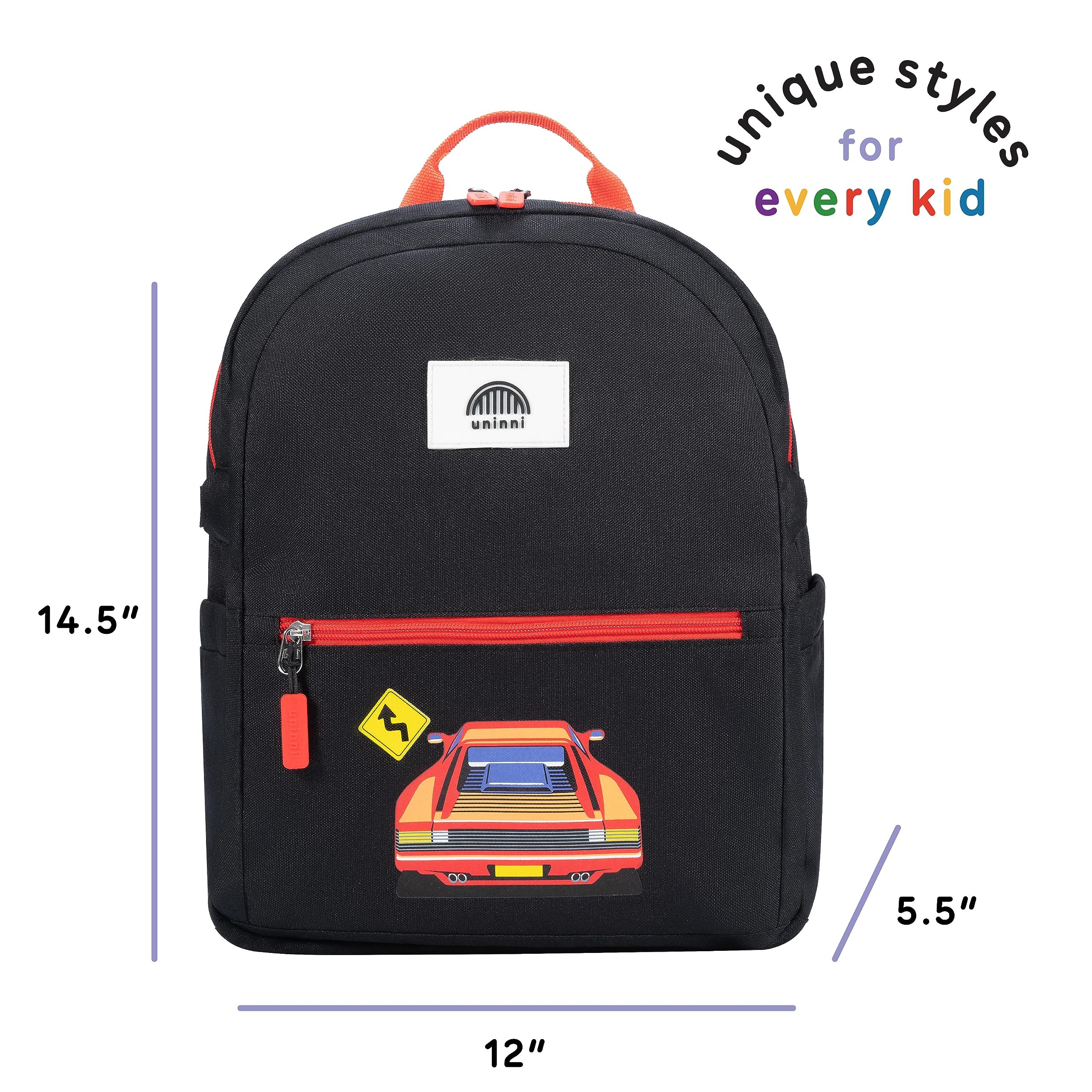 uninni 14" Kids Backpack for Girls and Boys Age 5-8 Years Old with Padded, and Adjustable Shoulder Straps - Race Car (Black/Red)