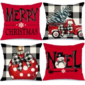 aacors christmas pillow covers 18 x 18 inch set of 4, buffalo polka dots bowknot snow tree merry xmas decorations holiday farmhouse winter throw pillow cases decor for sofa couch aa272-18