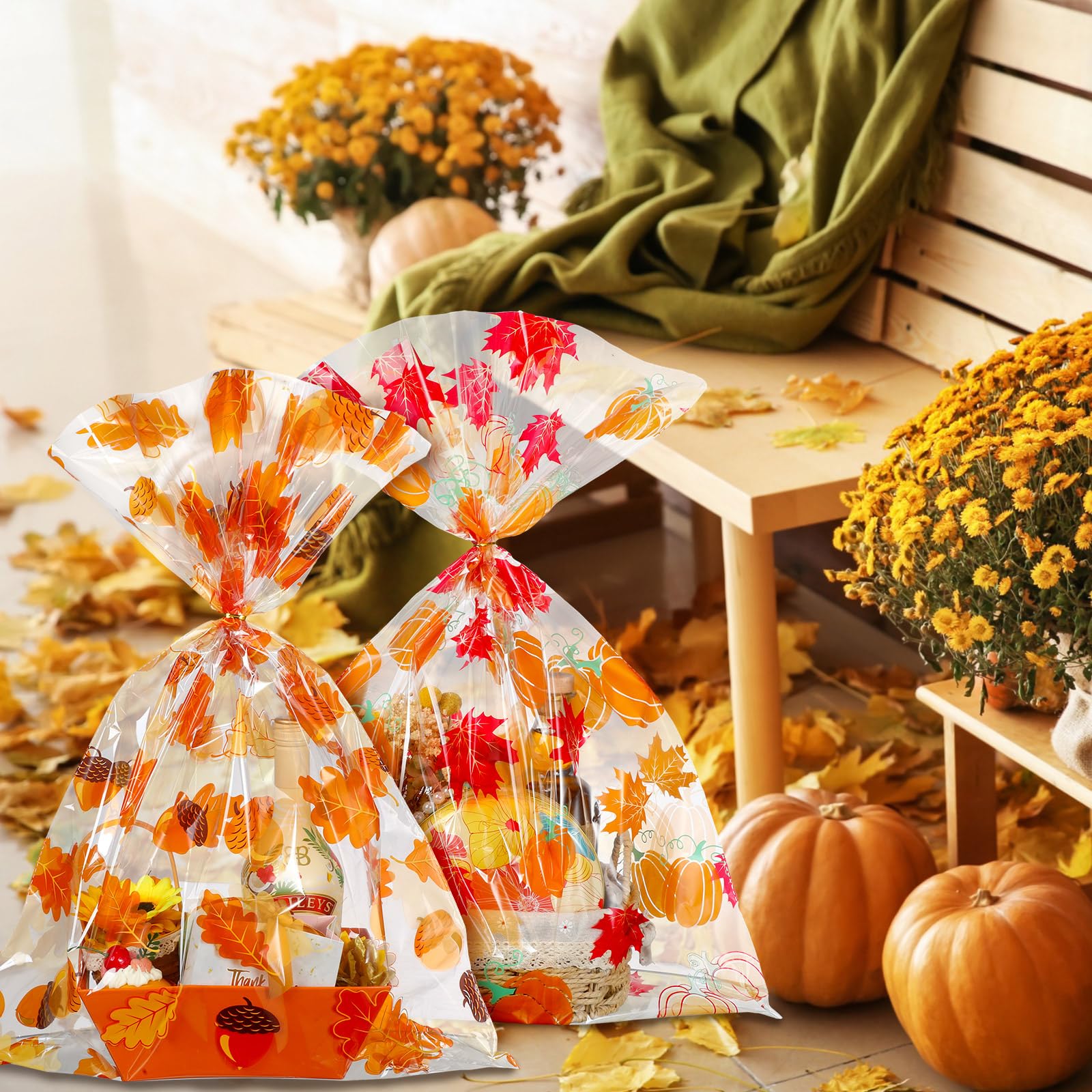 Cholemy 30 Pcs Thanksgiving Large Cellophane Gift Basket Bags 19.7" x 27.6" Fall Gift Bags Bulk Jumbo Fall Plastic Gift Wrap Bags With 100 Twist Ties Pumpkin Leaf Acorn Goody Bags for Dolls Presents