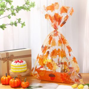 Cholemy 30 Pcs Thanksgiving Large Cellophane Gift Basket Bags 19.7" x 27.6" Fall Gift Bags Bulk Jumbo Fall Plastic Gift Wrap Bags With 100 Twist Ties Pumpkin Leaf Acorn Goody Bags for Dolls Presents