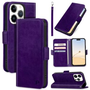 Bizzib for iPhone 15 Pro Max Case Leather Wallet with Card Holder[ RFID Blocking] 360 Full Shockproof Protection Magnetic Closure Cover &Wrist Strap for iPhone 15 Pro Max-Deep Purple