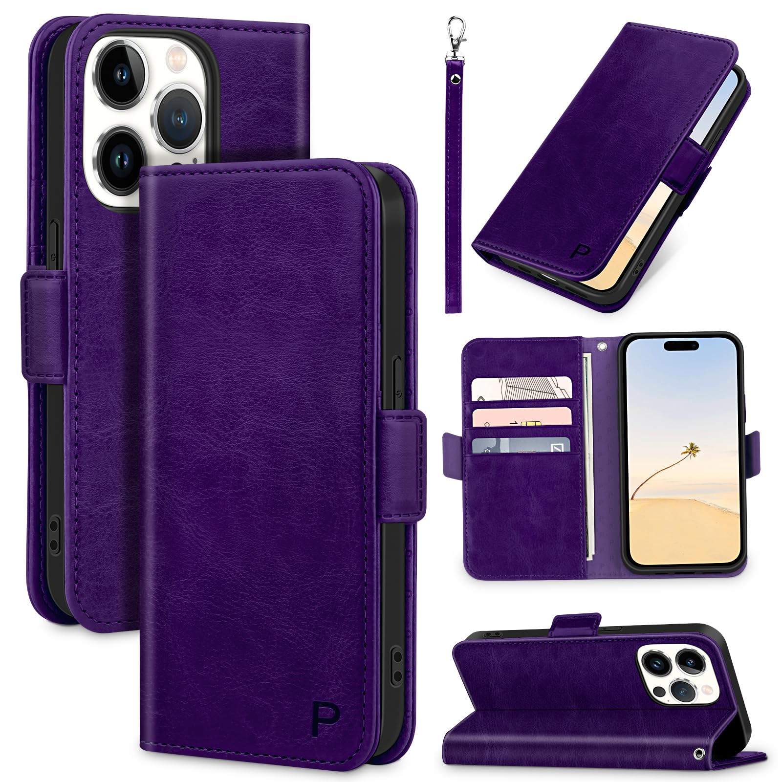 Bizzib for iPhone 15 Pro Max Case Leather Wallet with Card Holder[ RFID Blocking] 360 Full Shockproof Protection Magnetic Closure Cover &Wrist Strap for iPhone 15 Pro Max-Deep Purple