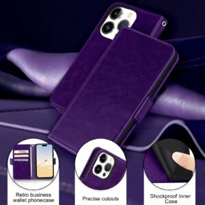 Bizzib for iPhone 15 Pro Max Case Leather Wallet with Card Holder[ RFID Blocking] 360 Full Shockproof Protection Magnetic Closure Cover &Wrist Strap for iPhone 15 Pro Max-Deep Purple