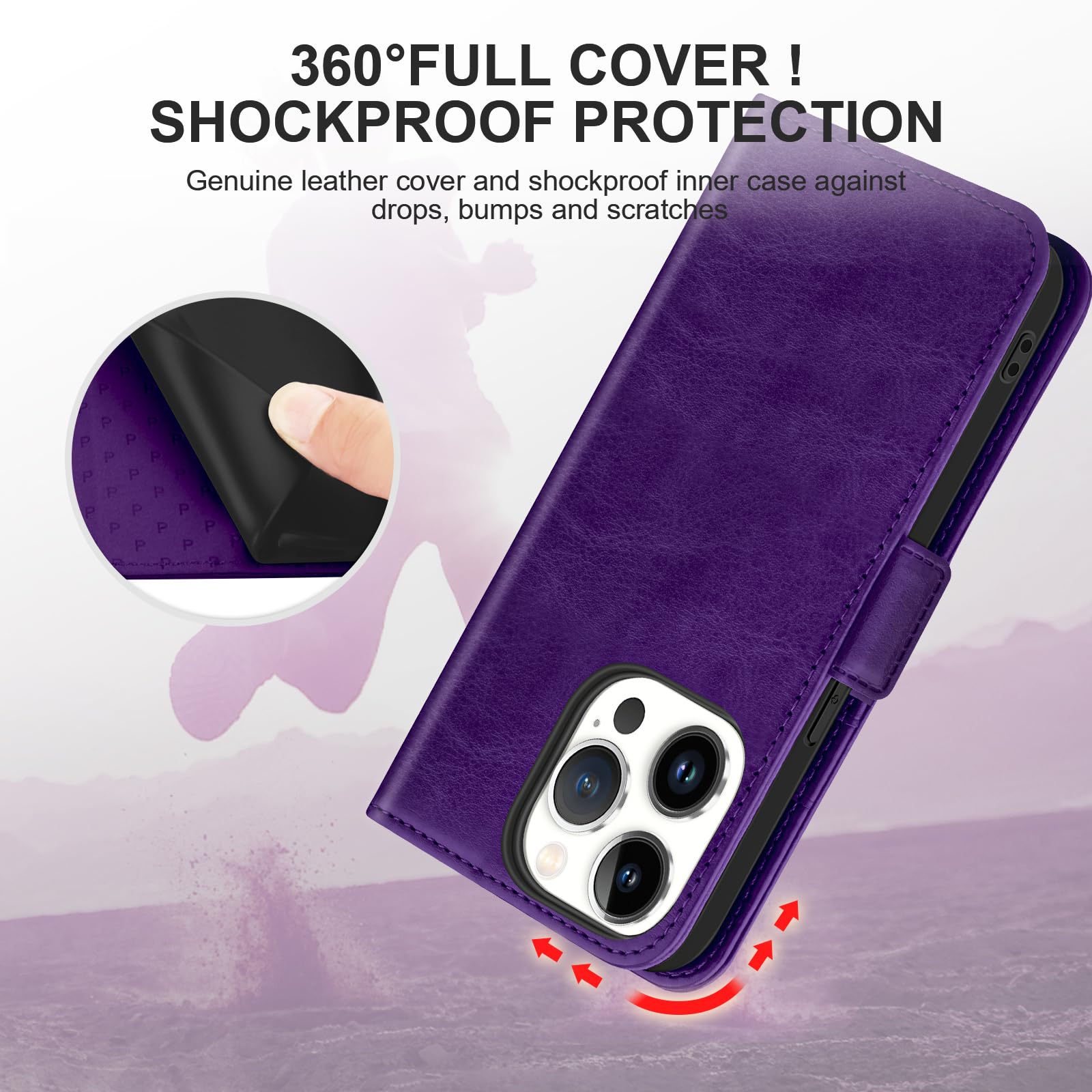 Bizzib for iPhone 15 Pro Max Case Leather Wallet with Card Holder[ RFID Blocking] 360 Full Shockproof Protection Magnetic Closure Cover &Wrist Strap for iPhone 15 Pro Max-Deep Purple