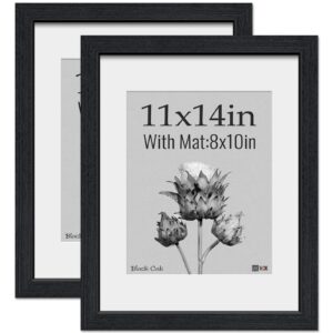 vck 11x14 picture frame 2 pk, natural wood grain black oak & hd glass, display 8x10 photos with mat or 11x14 without mat, wall hanging