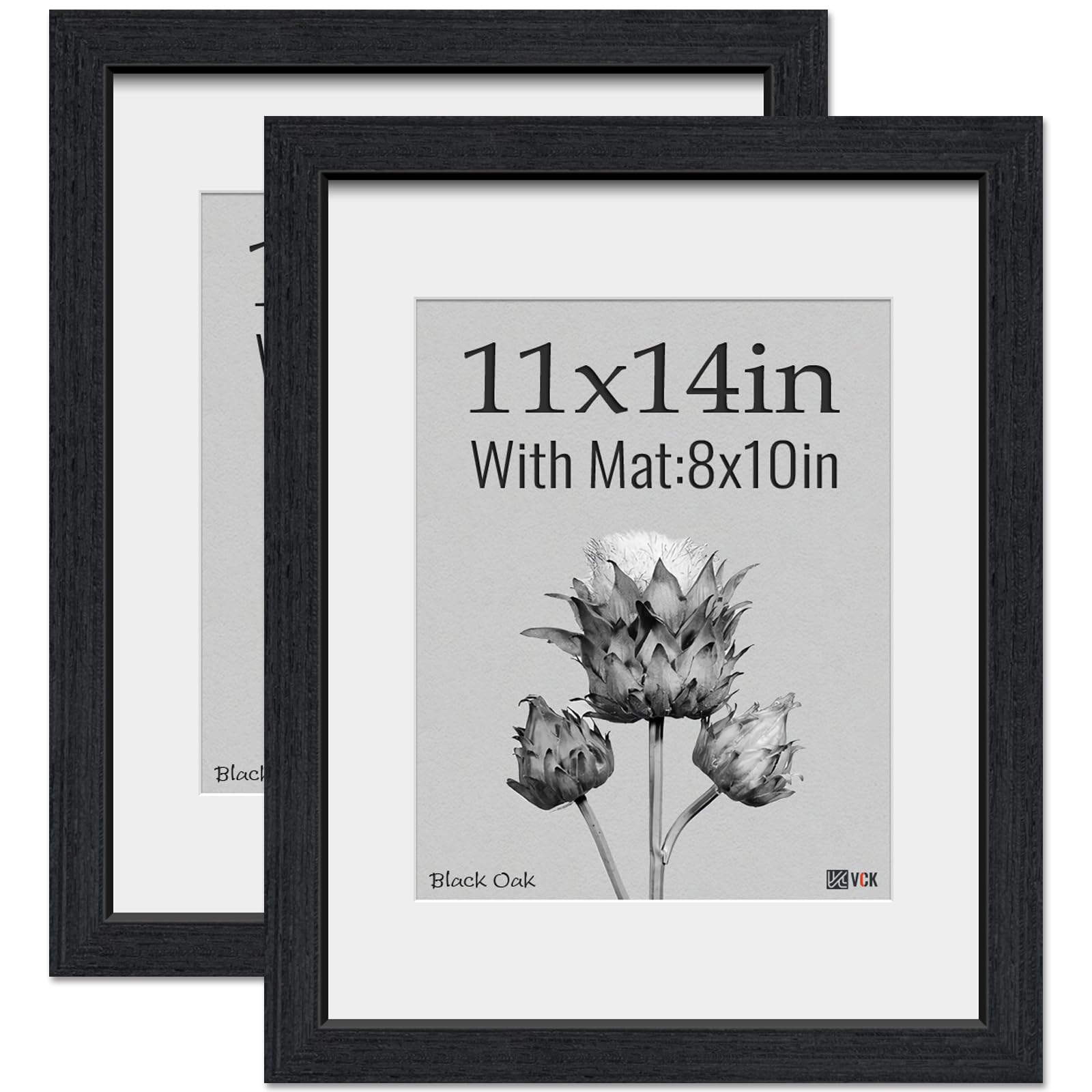 VCK 11x14 Picture Frame 2 pk, Natural Wood Grain Black Oak & HD Glass, Display 8x10 Photos with Mat or 11x14 without Mat, Wall Hanging