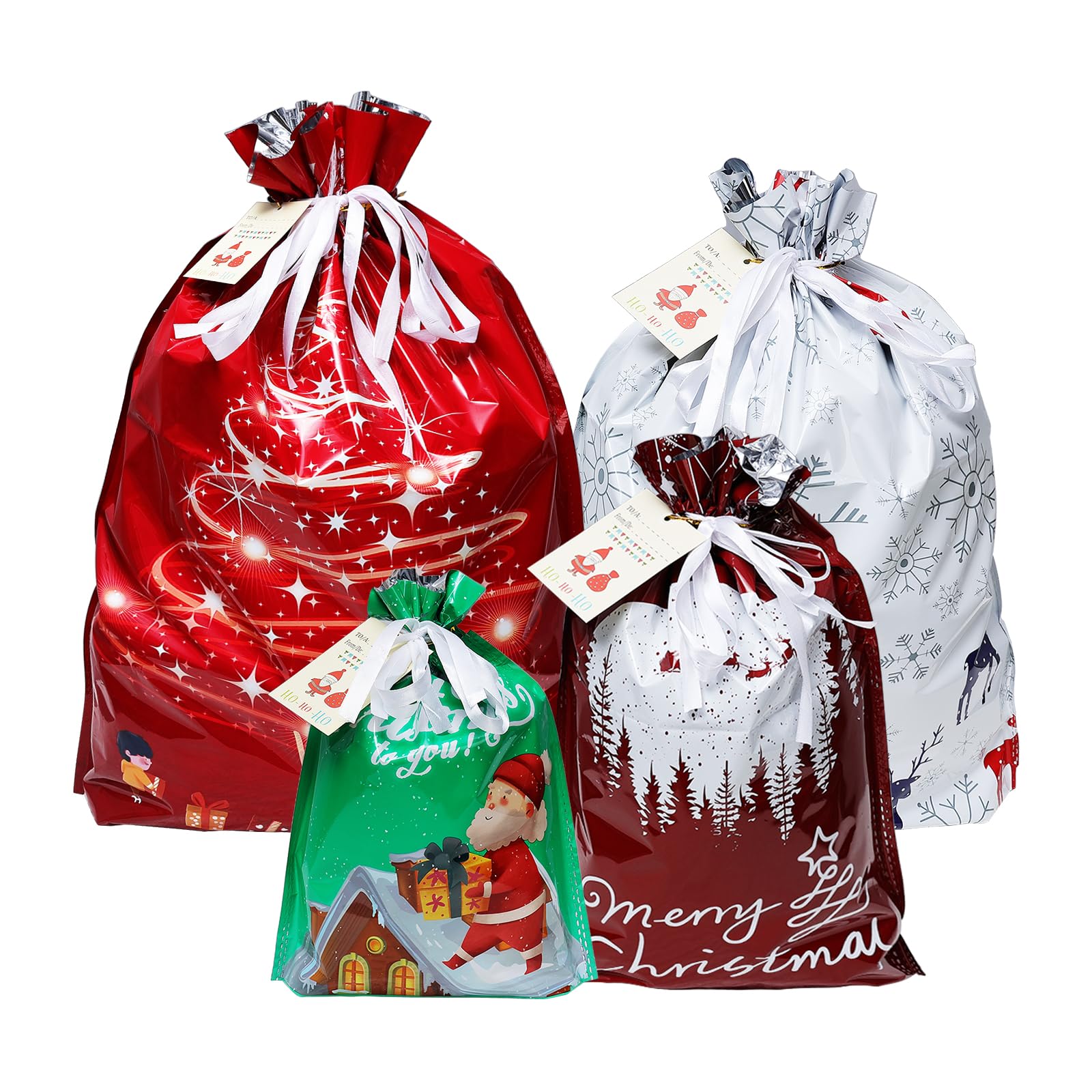 Christmas Gift Bags Assorted Sizes - 20PCS Drawstring Christmas Bags for Presents, Christmas Wrapping Bags Bulk, Plastic Xmas Favor Bags, 4 Designs (5 of Each) Extra Large/Big/Medium/Small Sizes