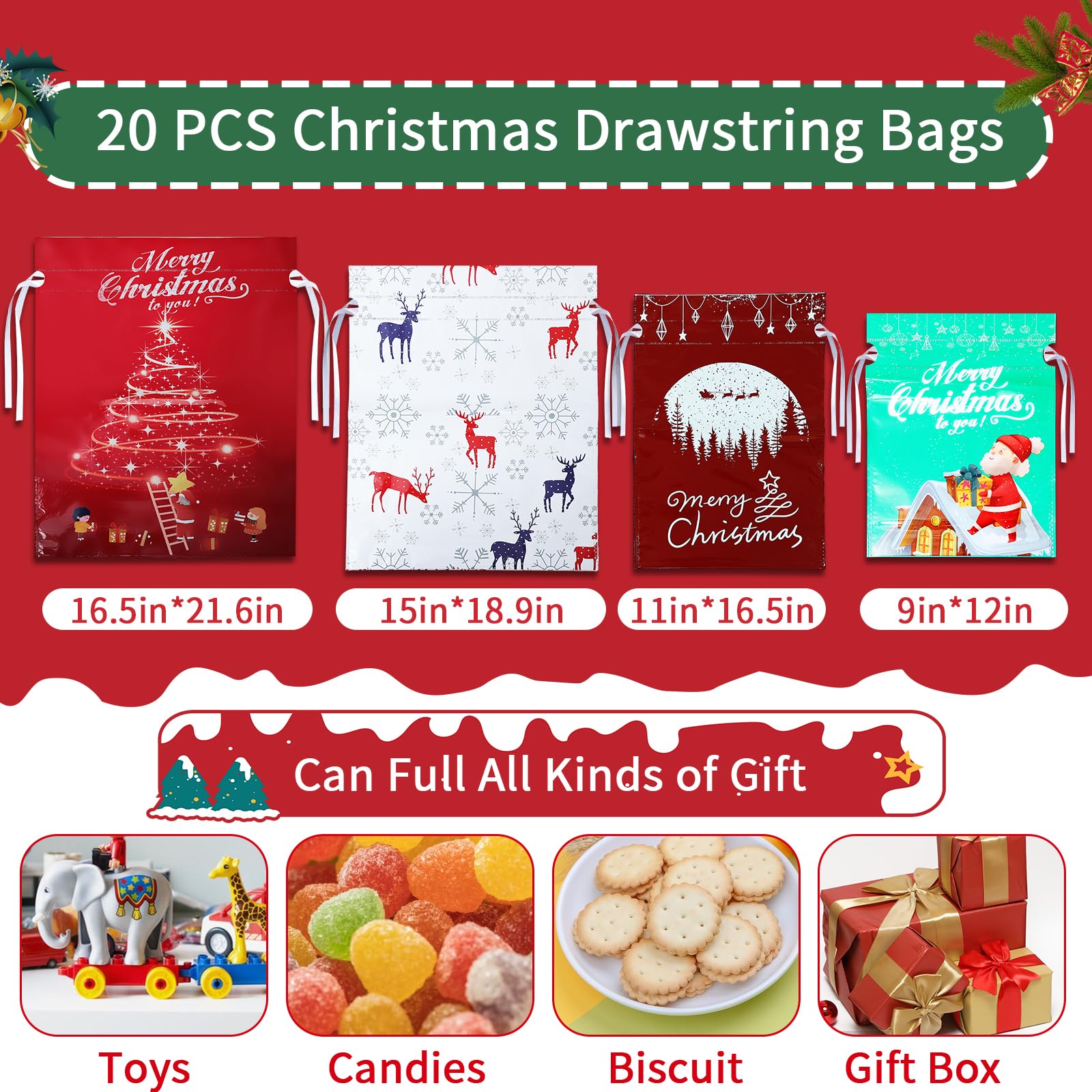 Christmas Gift Bags Assorted Sizes - 20PCS Drawstring Christmas Bags for Presents, Christmas Wrapping Bags Bulk, Plastic Xmas Favor Bags, 4 Designs (5 of Each) Extra Large/Big/Medium/Small Sizes