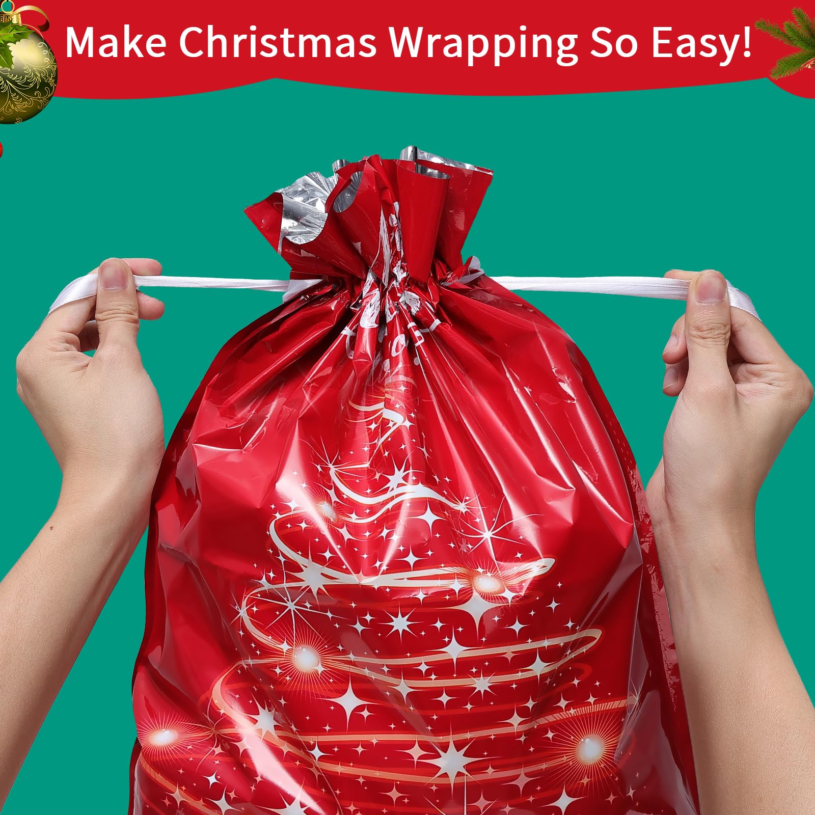 Christmas Gift Bags Assorted Sizes - 20PCS Drawstring Christmas Bags for Presents, Christmas Wrapping Bags Bulk, Plastic Xmas Favor Bags, 4 Designs (5 of Each) Extra Large/Big/Medium/Small Sizes