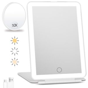 FUNTOUCH Rechargeable Travel Makeup Mirror with Lights and 10X Magnifying Mirror, Portable Lighted Vanity Mirror with 80 Led,2000mAh Battery,3 Color Lighting,Touch Dimming,Tabletop Light up Mirror