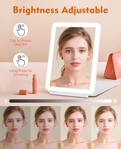 FUNTOUCH Rechargeable Travel Makeup Mirror with Lights and 10X Magnifying Mirror, Portable Lighted Vanity Mirror with 80 Led,2000mAh Battery,3 Color Lighting,Touch Dimming,Tabletop Light up Mirror