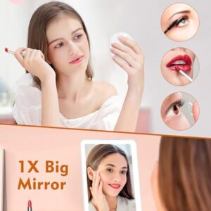 FUNTOUCH Rechargeable Travel Makeup Mirror with Lights and 10X Magnifying Mirror, Portable Lighted Vanity Mirror with 80 Led,2000mAh Battery,3 Color Lighting,Touch Dimming,Tabletop Light up Mirror