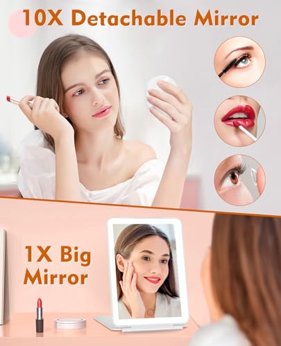 FUNTOUCH Rechargeable Travel Makeup Mirror with Lights and 10X Magnifying Mirror, Portable Lighted Vanity Mirror with 80 Led,2000mAh Battery,3 Color Lighting,Touch Dimming,Tabletop Light up Mirror