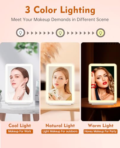 FUNTOUCH Rechargeable Travel Makeup Mirror with Lights and 10X Magnifying Mirror, Portable Lighted Vanity Mirror with 80 Led,2000mAh Battery,3 Color Lighting,Touch Dimming,Tabletop Light up Mirror