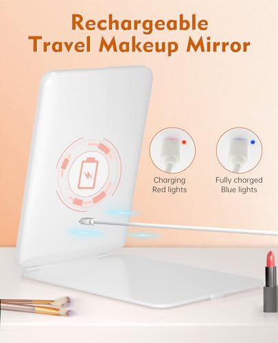 FUNTOUCH Rechargeable Travel Makeup Mirror with Lights and 10X Magnifying Mirror, Portable Lighted Vanity Mirror with 80 Led,2000mAh Battery,3 Color Lighting,Touch Dimming,Tabletop Light up Mirror