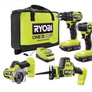 RYOBI ONE+ HP 18V Brushless Cordless Compact 4-Tool Combo Kit with (2) 2.0 Ah Batteries, Charger, and Bag