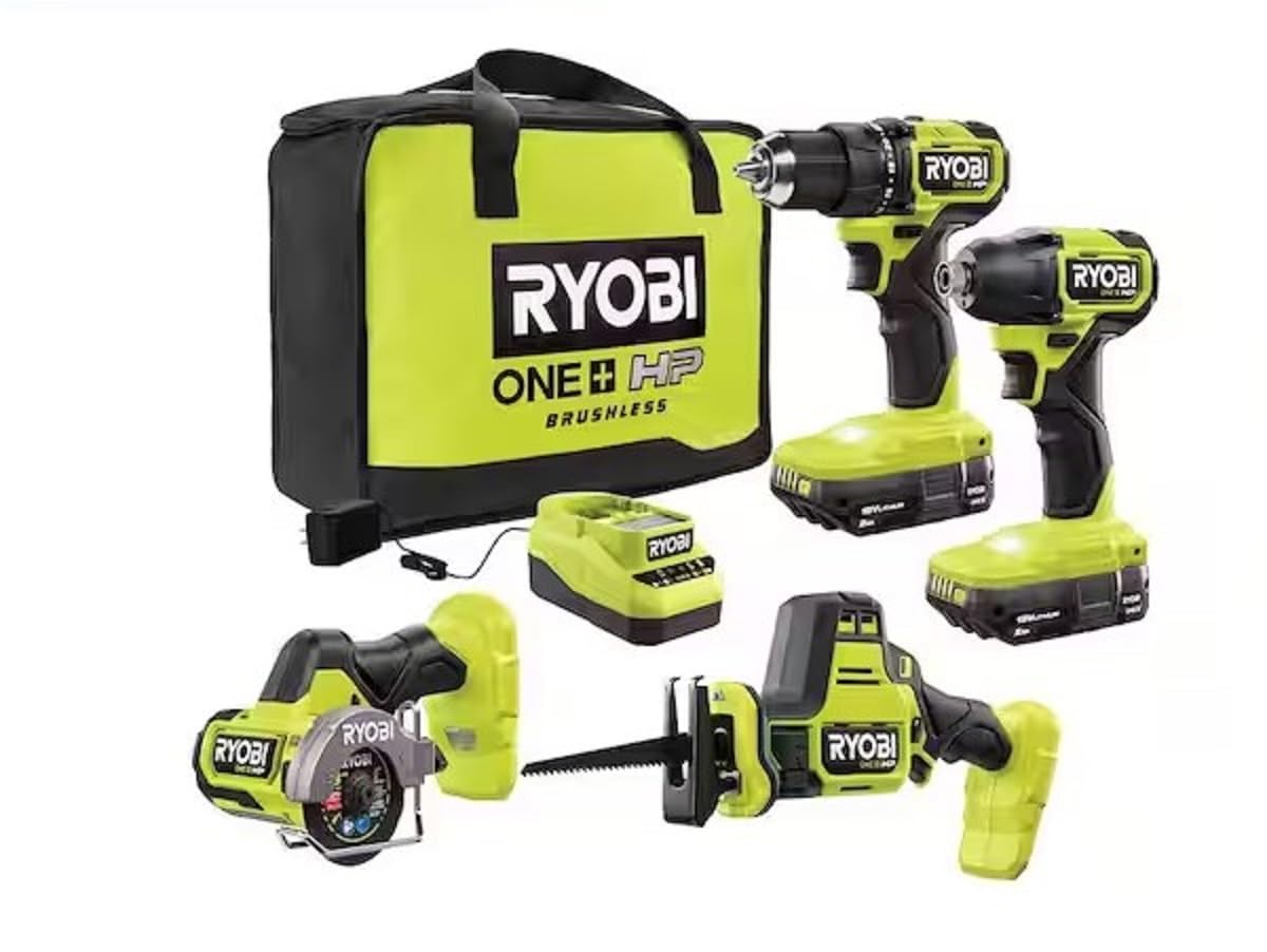 RYOBI ONE+ HP 18V Brushless Cordless Compact 4-Tool Combo Kit with (2) 2.0 Ah Batteries, Charger, and Bag