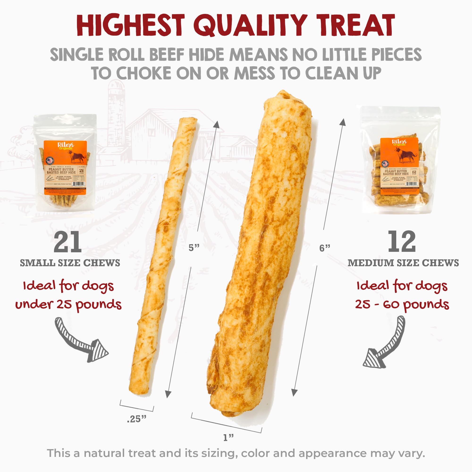 Riley's Peanut Butter Beef Hide Dog Treats, USA Sourced & Made Medium Dog Treats, Chew Sticks, Raw Hides for Small Dogs, Rawhide Sticks for Dogs 12 ct