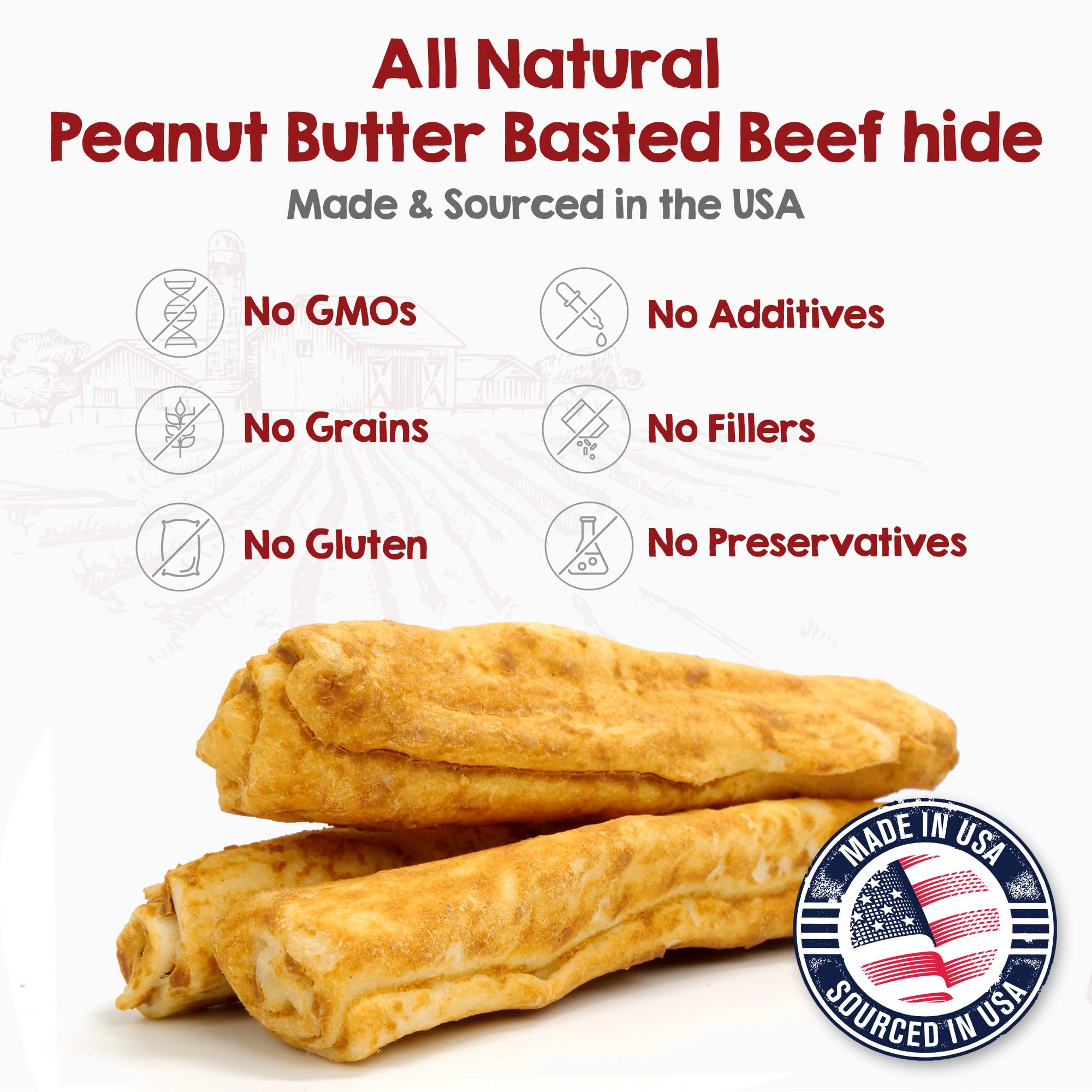 Riley's Peanut Butter Beef Hide Dog Treats, USA Sourced & Made Medium Dog Treats, Chew Sticks, Raw Hides for Small Dogs, Rawhide Sticks for Dogs 12 ct