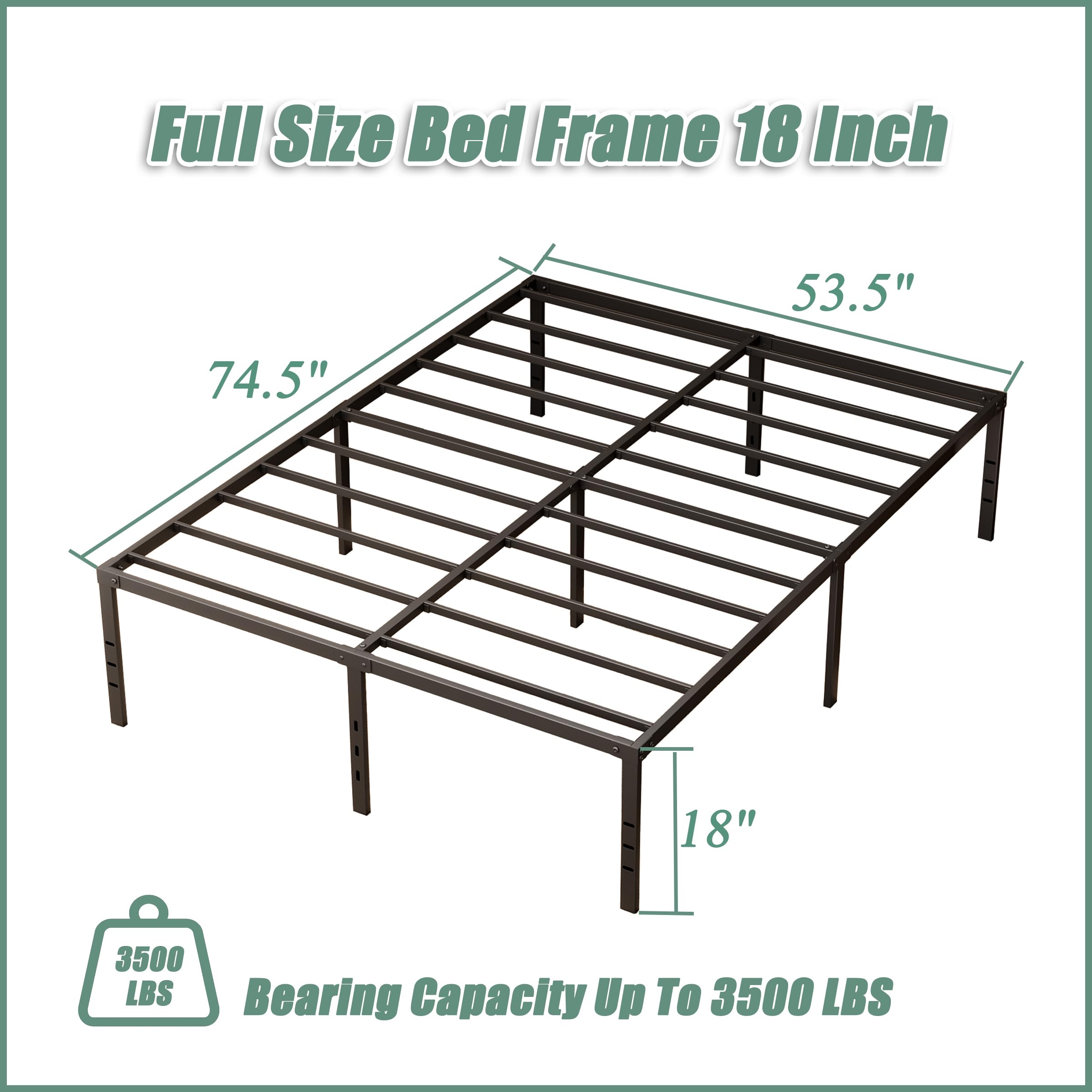 JTPTU Heavy Duty Bed Frame Full Size,18 Inch High Metal Plarform Full Bed Frame No Box Spring Needed,Reinforced Steel Slat Support Full, Easy Assembly, Noise Free,Black Bed Frame Full Size