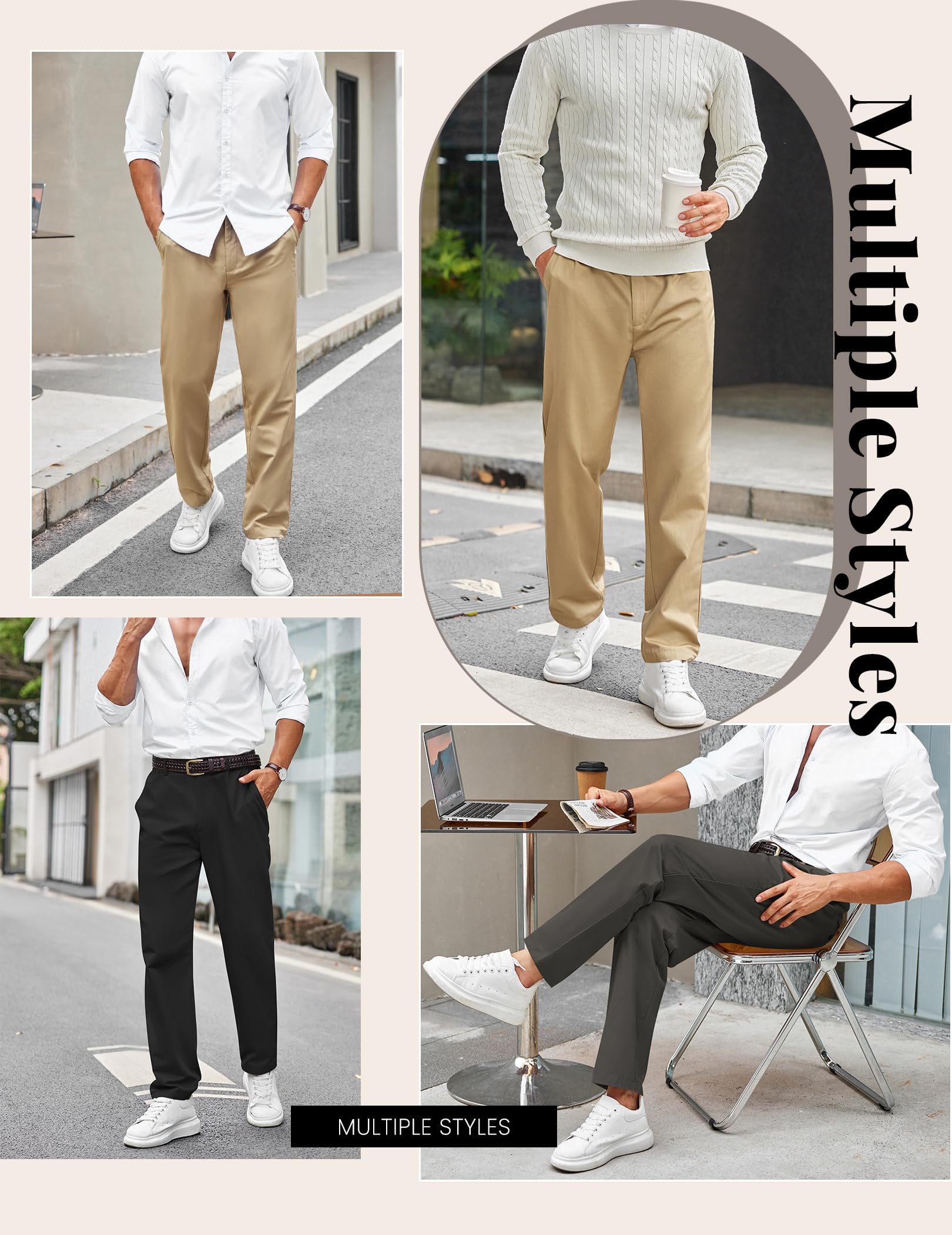 COOFANDY Slacks for Men Khaki Chino Pants Relaxed Fit Flat Front Long Trousers, Light Khaki, XL