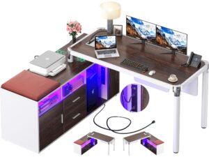 cyclysio l shaped desk with file cabinet and power strip, reversible corner office desk with led lights, large l-shaped computer desk with drawer and storage for home office, soft cushions, espresso